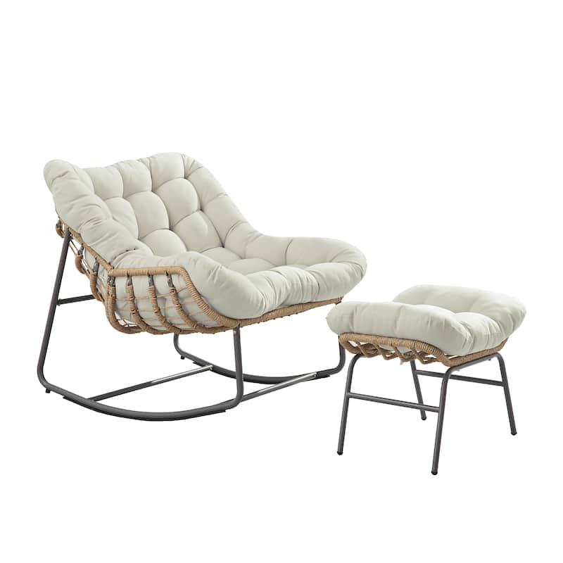 Corvus Hailar Outdoor Wicker Rocking Chair with Ottoman - White Cushion