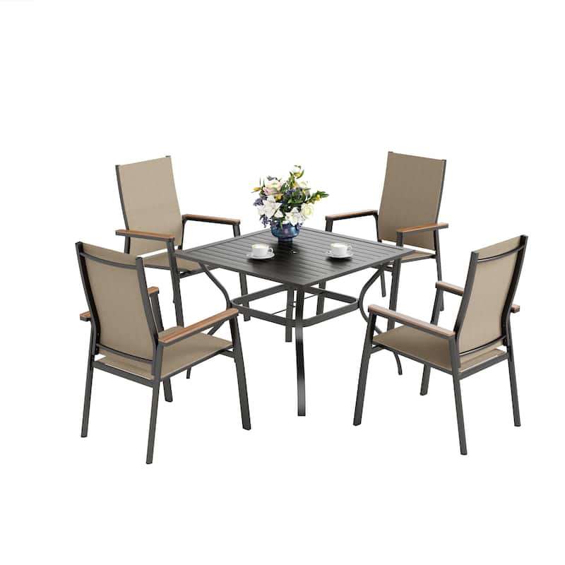 MAISON ARTS 5 Pieces Patio Dining Set, 4 x Aluminium Stackable Dining Chairs and 1 x Metal Table - Black