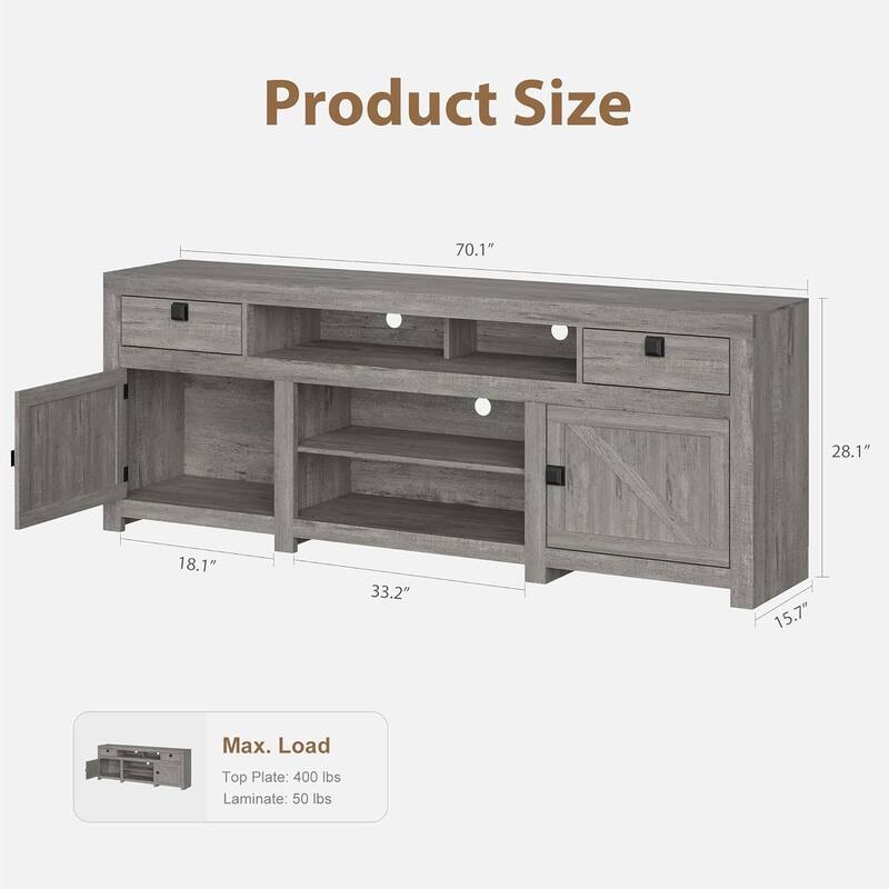 Farmhouse TV Stand for 75/80 Inch TVs, 70" Long Entertainment Center for Living Room