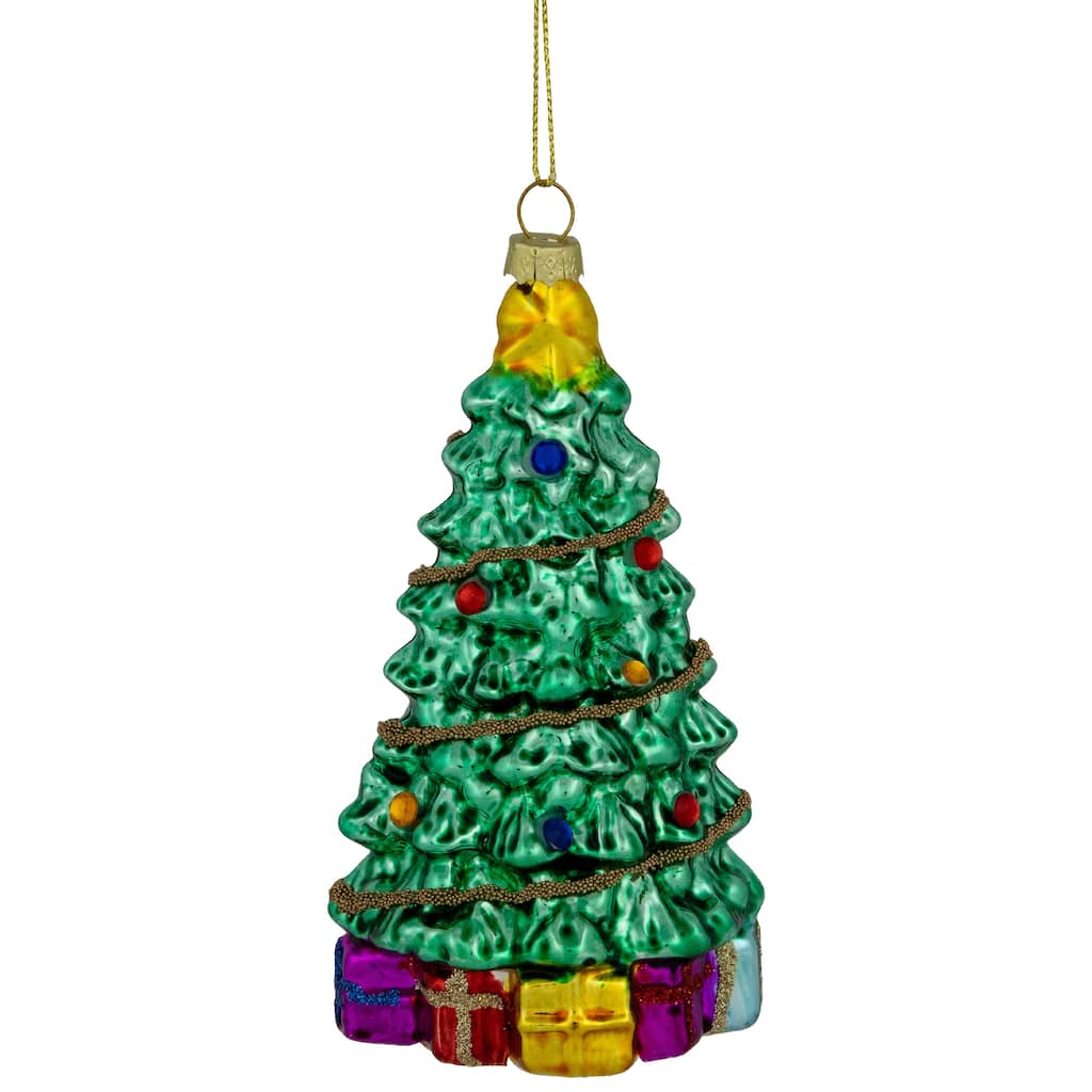 5.5" Shiny Green Decorated Holiday Tree Hanging Glass Christmas Ornament