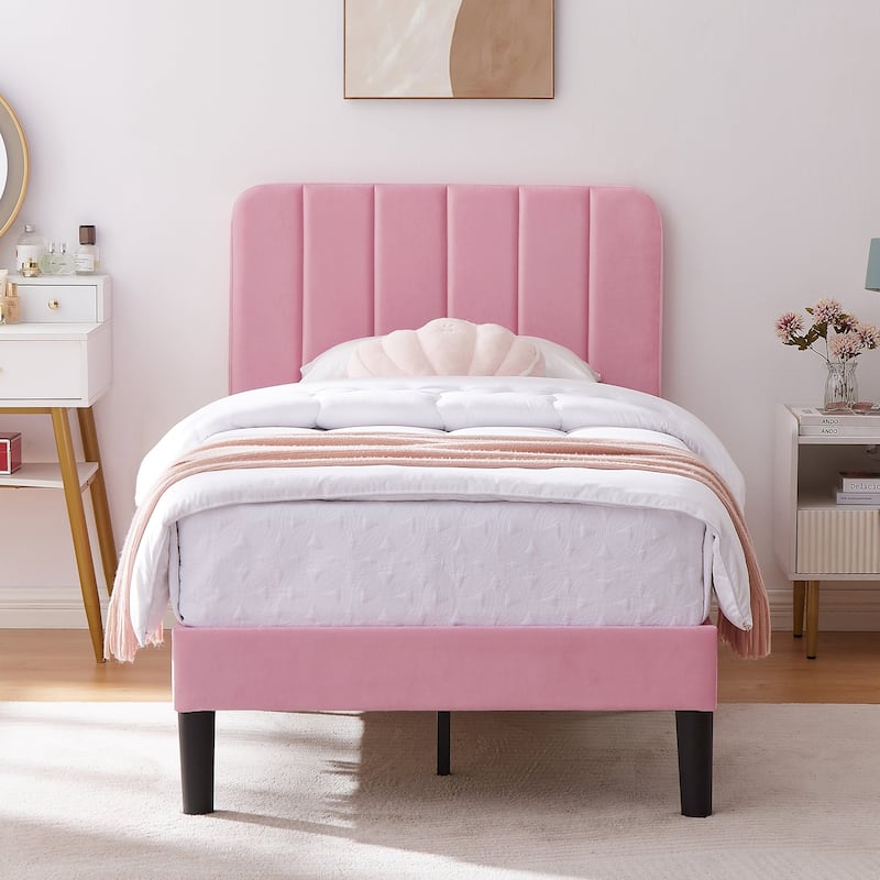 Javlergo Upholstered Platform Bed Frames with Height Adjustable Headboard, Sturdy Wooden Slats/Noise-free - Pink - Twin
