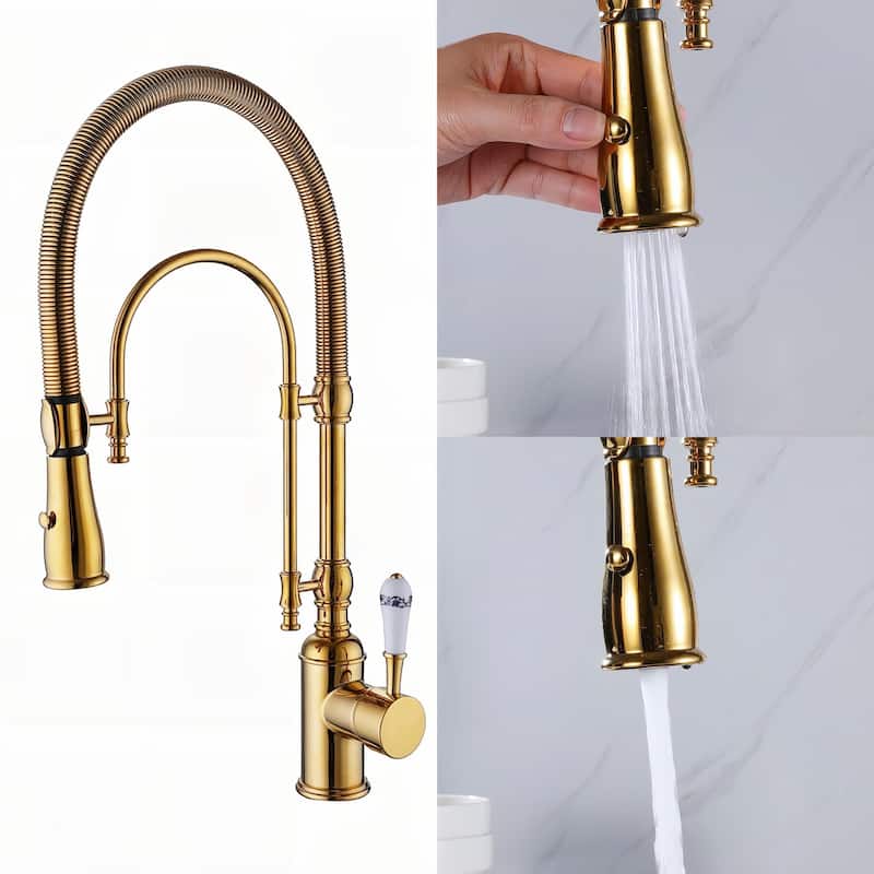 3-Way Brushed Gold 360 Rotary Kitchen Spring-neck Faucet with Pull Down Sprayer