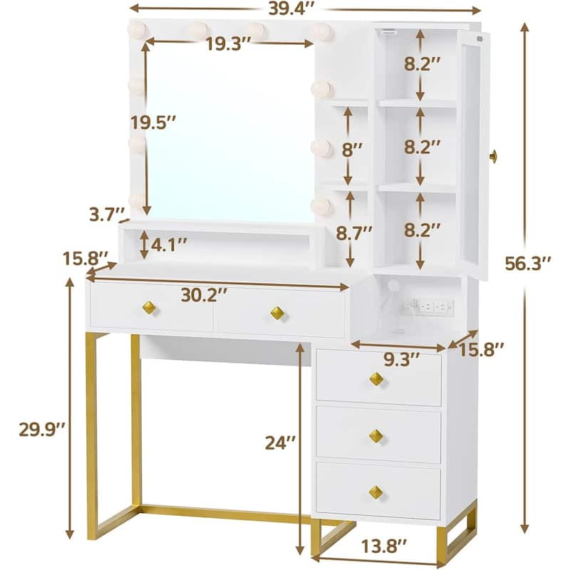 Makeup Vanity with Charging Station Mirror with Lights 5 Drawers
