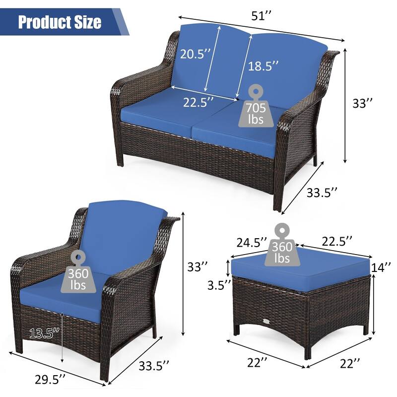 5 Pieces Patio Rattan Sofa Set with Cushion and Ottoman - 51" x 33.5" x 33" (L x W x H)