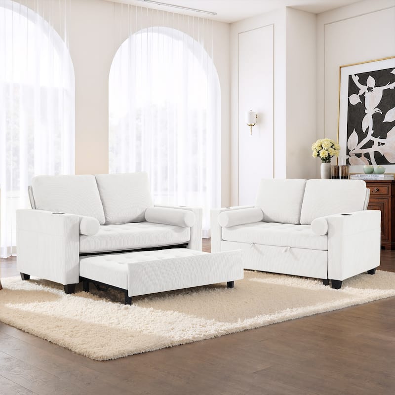 2 Set Multi-Functional Sleeper Sofa Bed 3-in-1 Pull-Out Convertible Adjustable Loveseat with USB Port
