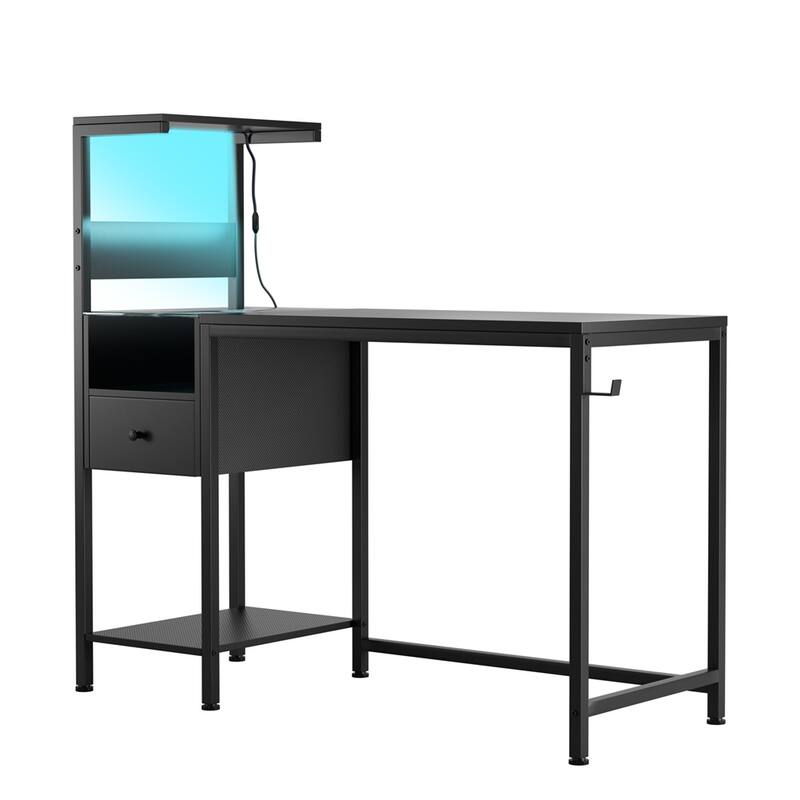 Computer Desk With Power Outlet And Reversible Storage Shelves, Study Writing Table With 2 Sockets And 2 USB Ports - Black