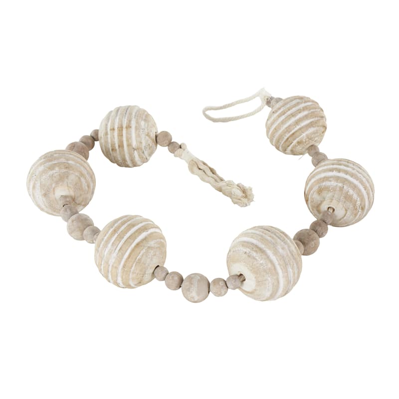 Cream Wood Handmade Distressed Beaded Garland with Tassel
