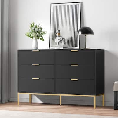 Anmytek Modern 6-Drawer Double Dresser Black Wood Chest of Drawers Storage Organizer for Bedroom