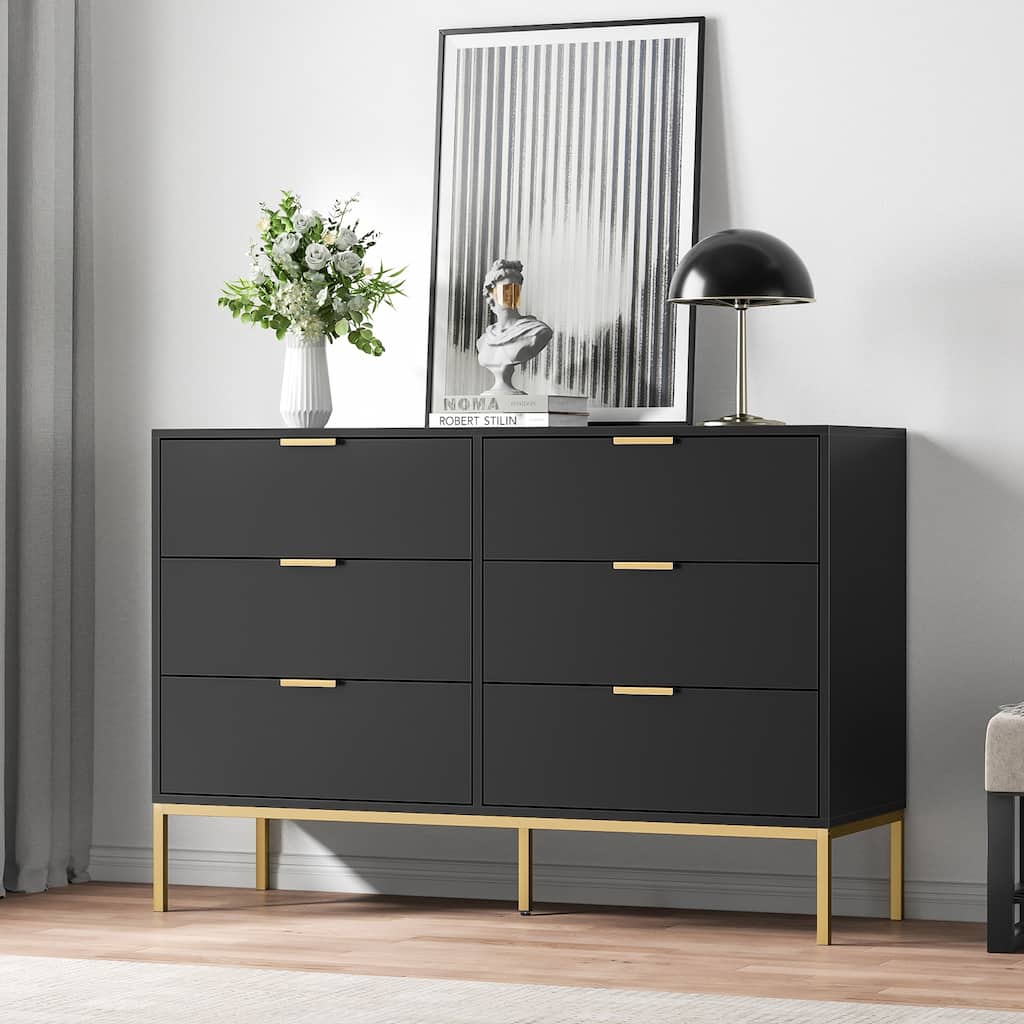 Anmytek Modern 6-Drawer Double Dresser Black Wood Chest of Drawers Storage Organizer for Bedroom