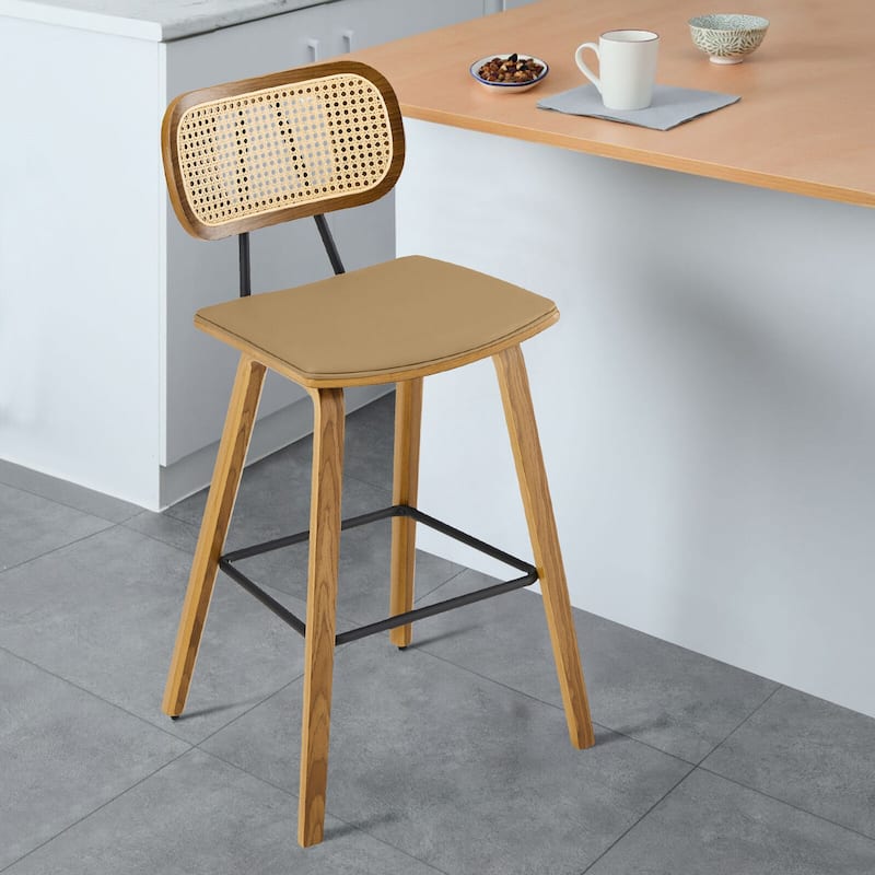 26-inch Wood Counter Height Bar Stools with Rattan Back