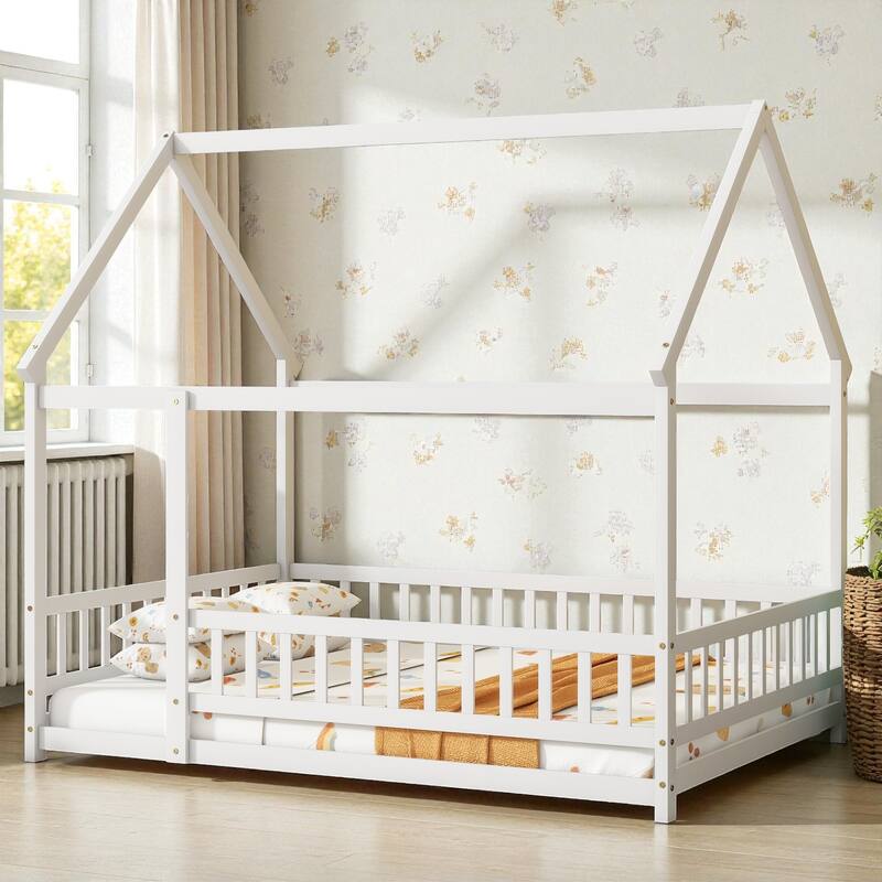 Full Size House Floor Bed with Roof Frame and Guardrails, Solid Wood Montessori Bed for Kids with Fence Design - White - Full