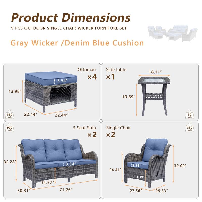 Gray Wicker Outdoor Patio Furniture Sofa Seating Set with Beige Cushions