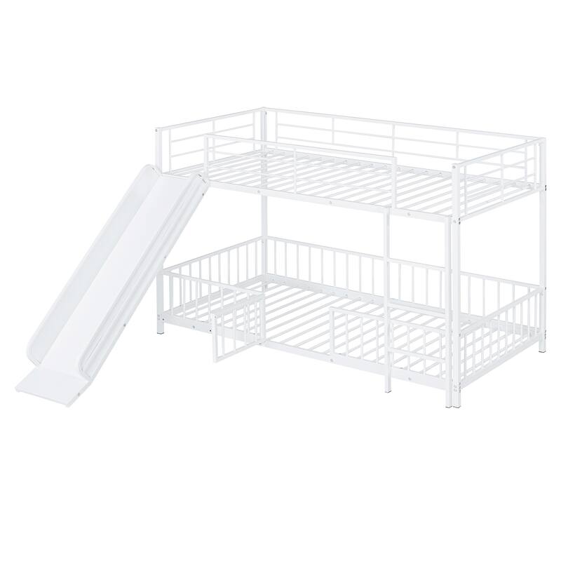 Twin over Twin Metal Bunk Bed with Slide, Guardrails & Convertible Loft Design - White