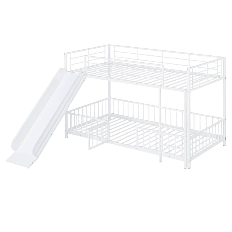 Twin over Twin Size Metal Bunk Bed with Slide and Guardrails for Kids, Boys and Girls, Bedroom