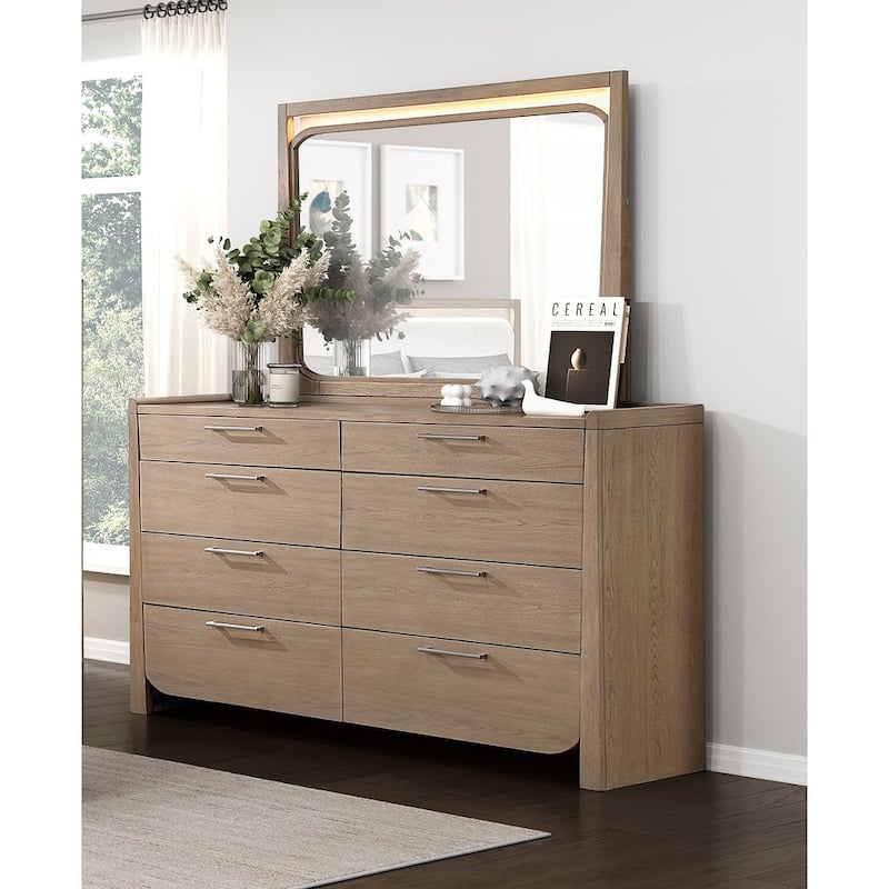 Contemporary Light Brown 3pc Bedroom Furniture LED Bed Dresser Mirror Set