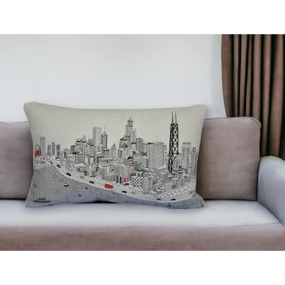25" White Chicago Daylight Skyline Lumbar Decorative Pillow