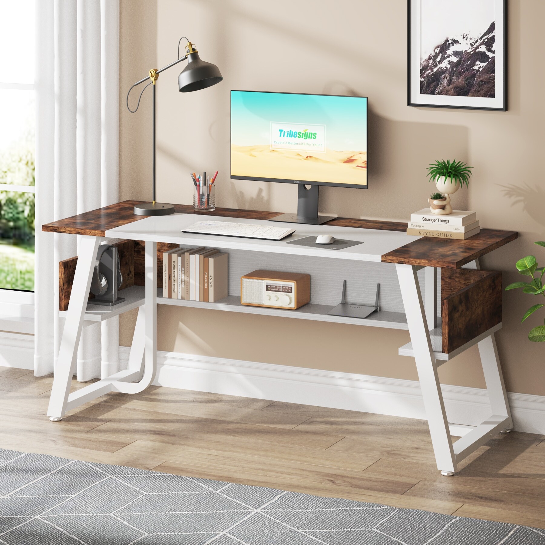 63 Inches Computer Desk with Bottom Shelves Large Executive Desk