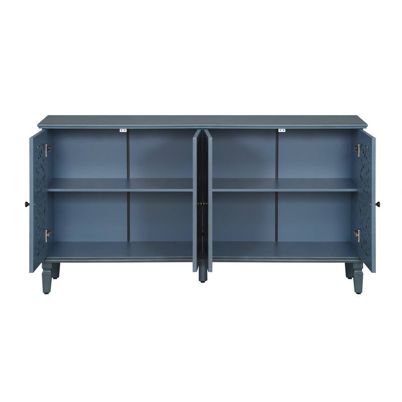 Buffet Cabinet with Floral Carvings with Solid Wood Legs&Antique Brass Handles&Adjustable Shelves,