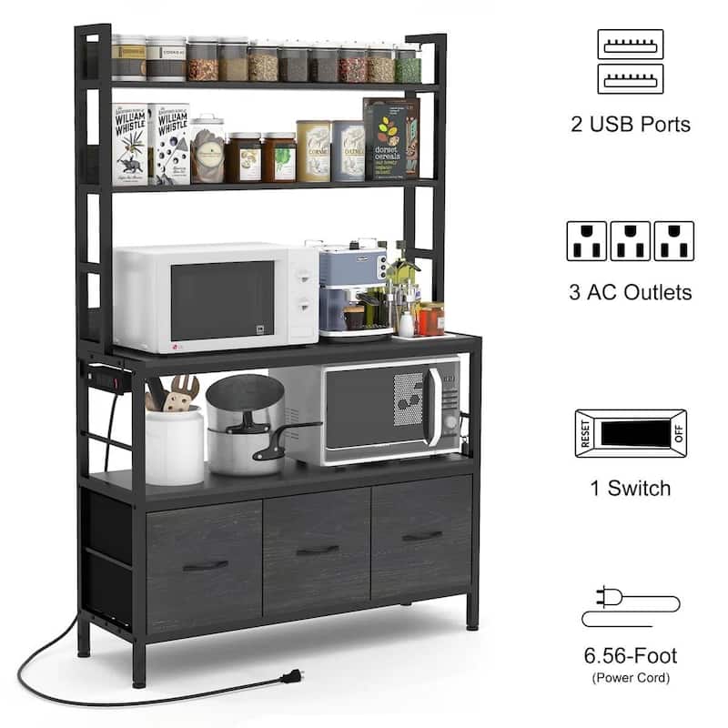 Kitchen Storage Rack with 4 Wooden Shelves Drawers and Baskets USB Ports and Microwave Shelf - 62.2'' H x 39.3'' W x 13.3'' D