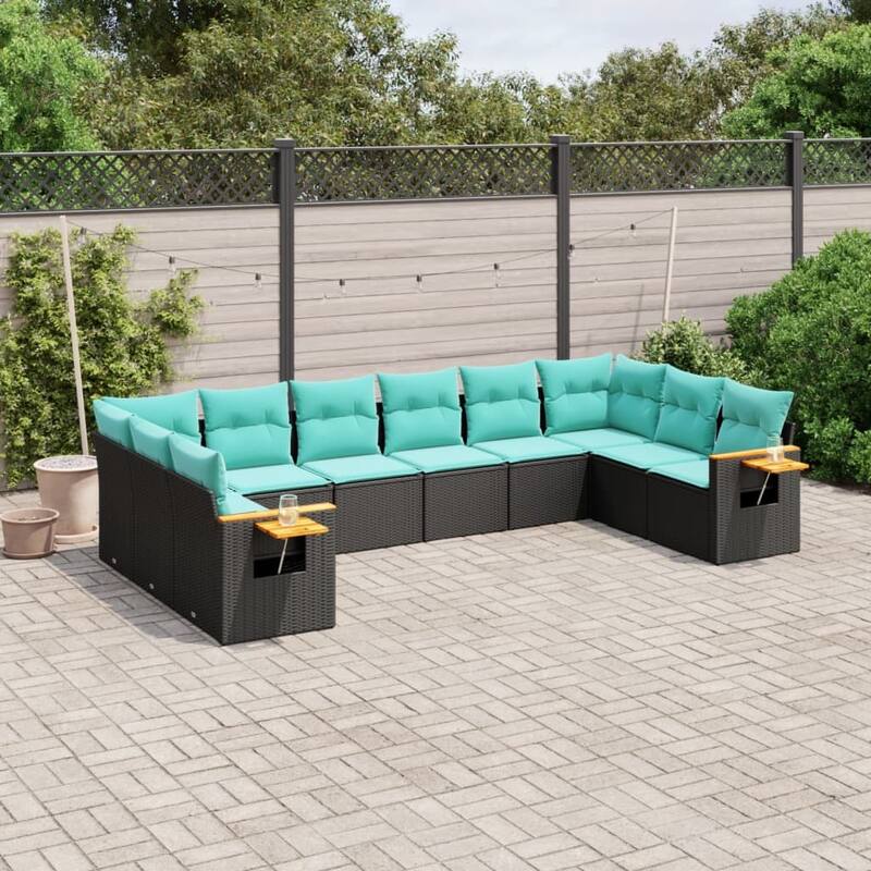 vidaXL 10 Piece Patio Sofa Set with Cushions Black Poly Rattan - 21.7x27.2x24.4-Without table