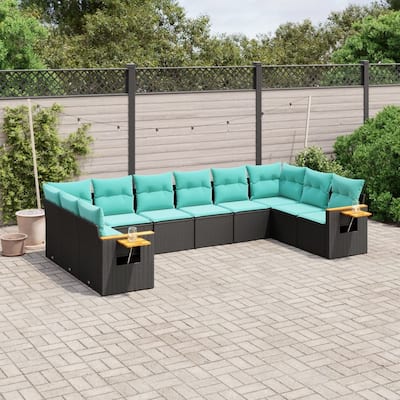 vidaXL 10 Piece Patio Sofa Set with Cushions Black Poly Rattan