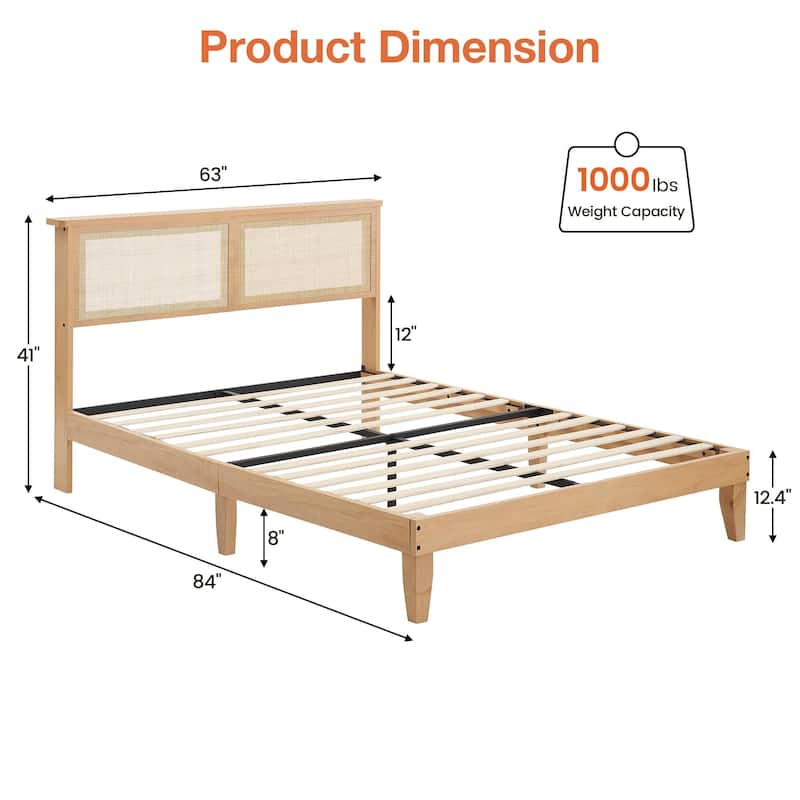 Bed Frame with Natural Rattan Headboard, Platform Bed Frame with LED Lights