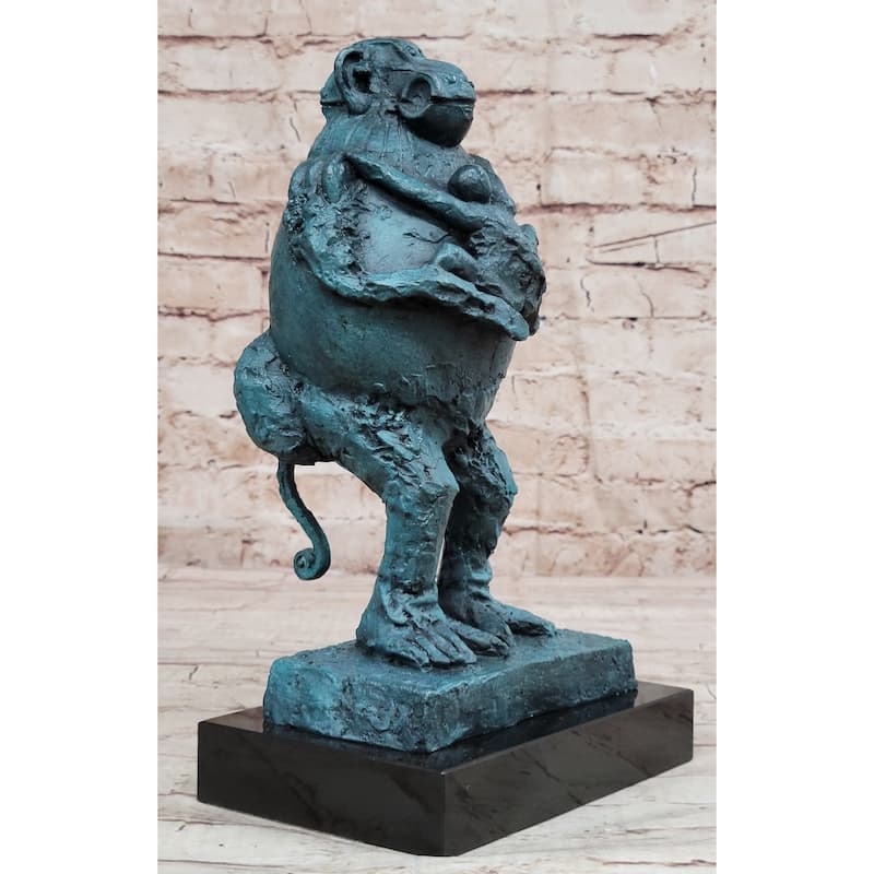 Hand Made Picasso Baboon Monkey Animal Holding Her Baby Genuine Bronze Statue