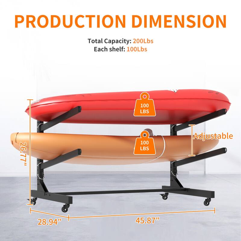 Freestanding Kayak Storage Rack - Holds 2 Kayaks, Heavy-Duty Adjustable Stand with Lockable Wheels for Kayak