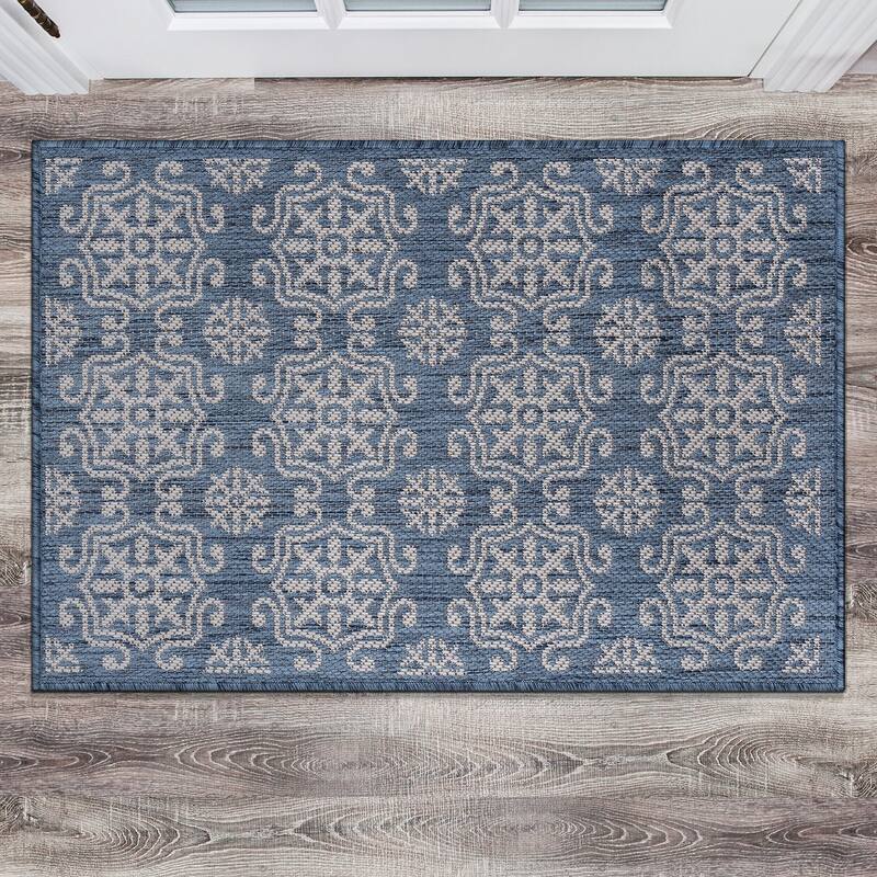 World Rug Gallery Transitional Geometric Textured Flat Weave Indoor/Outdoor Area Rug - 2'x3' - Blue