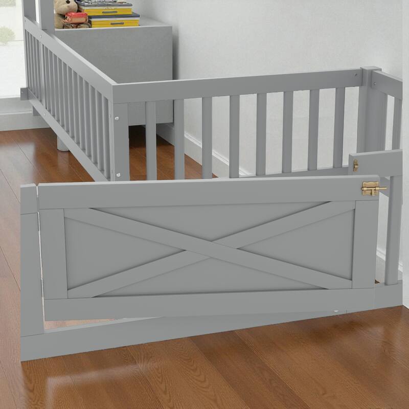 Twin/Full Size House Floor Bed with Door and Guardrails, Double Twin/Full Solid Wood Montessori Bed for Kids