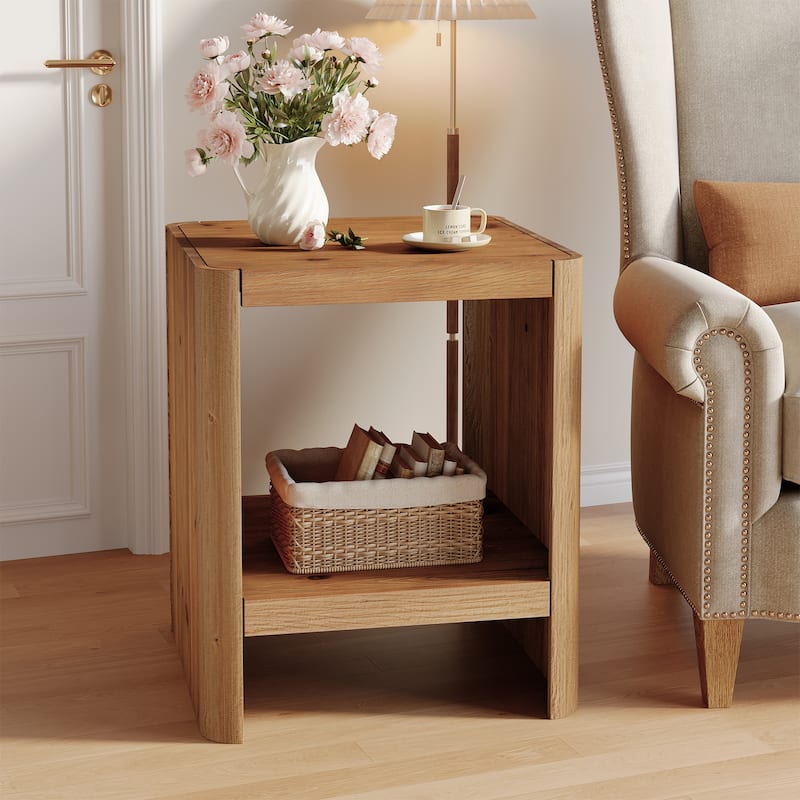 Solid Wood End Table, 2-Tier Small Side Table with Open Storage Shelf