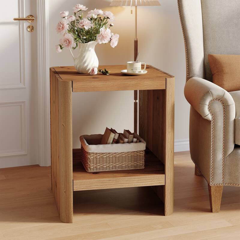 Solid Wood End Table, Rustic Side Table with Open Storage Shelf - Brown