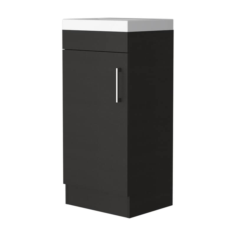 HomeRoots 16" Black Wood Freestanding Single Door Bathroom Vanity With White Sink - 15.70 in. x 32.60 in. x 12.90 in.