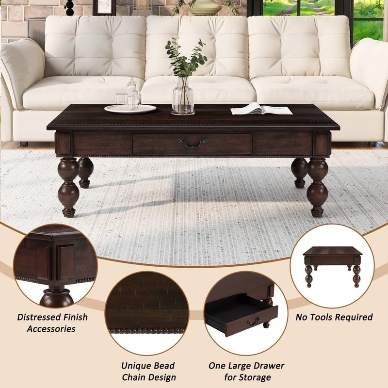 Rectangular 47" Wooden Coffee Table with Storage Drawer, Vintage Cocktail Table with Solid Wood Legs for Living Room Elegance