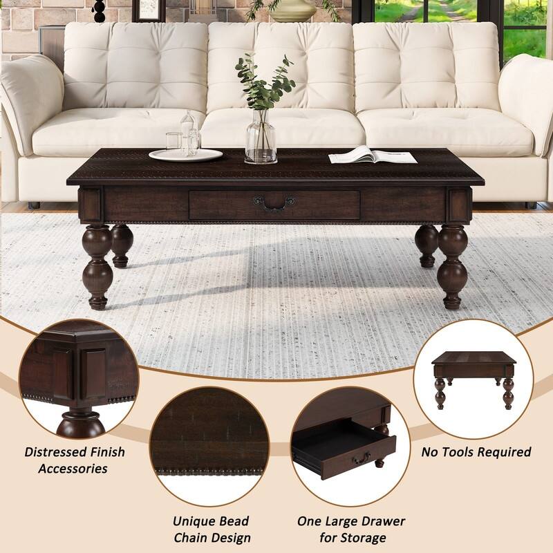 Retro 3-Piece Solid Wood Coffee Table Set with Storage Drawer, Vintage Design for Living Room and Office Decor