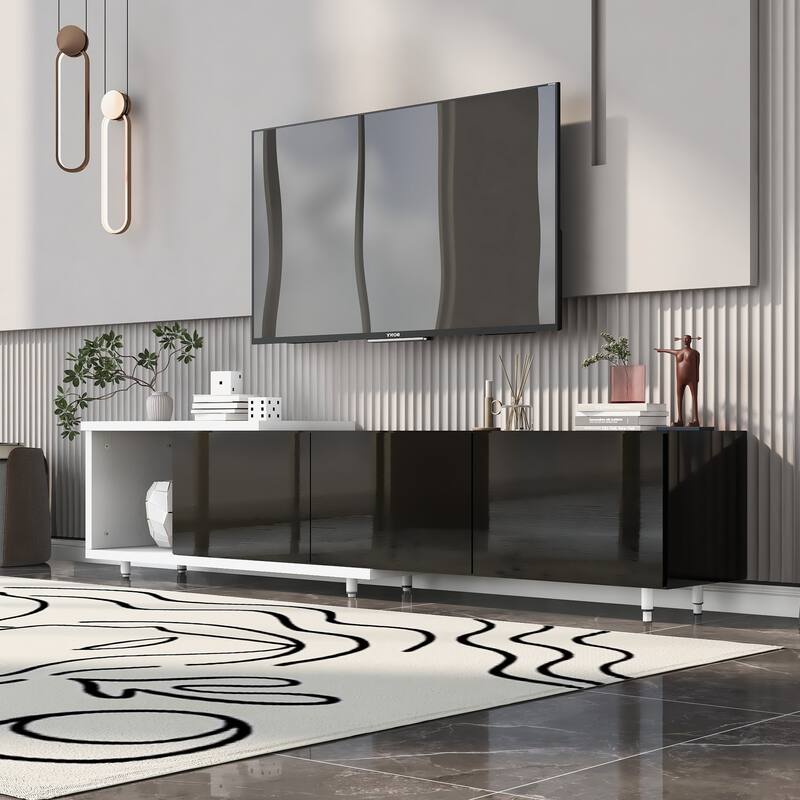 Roomfitters Extendable TV Stand for 80 Inch TV and Above, Modern Cabinet with Open Storage and Sleek Design - Black