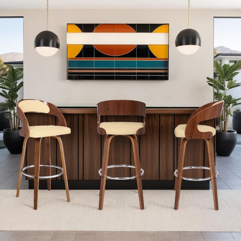 Shelly Mid-Century Swivel Bar Stool, Upholstered Counter Height Chair with Bentwood Legs - Cream & Walnut - Bar Height - Set of 3