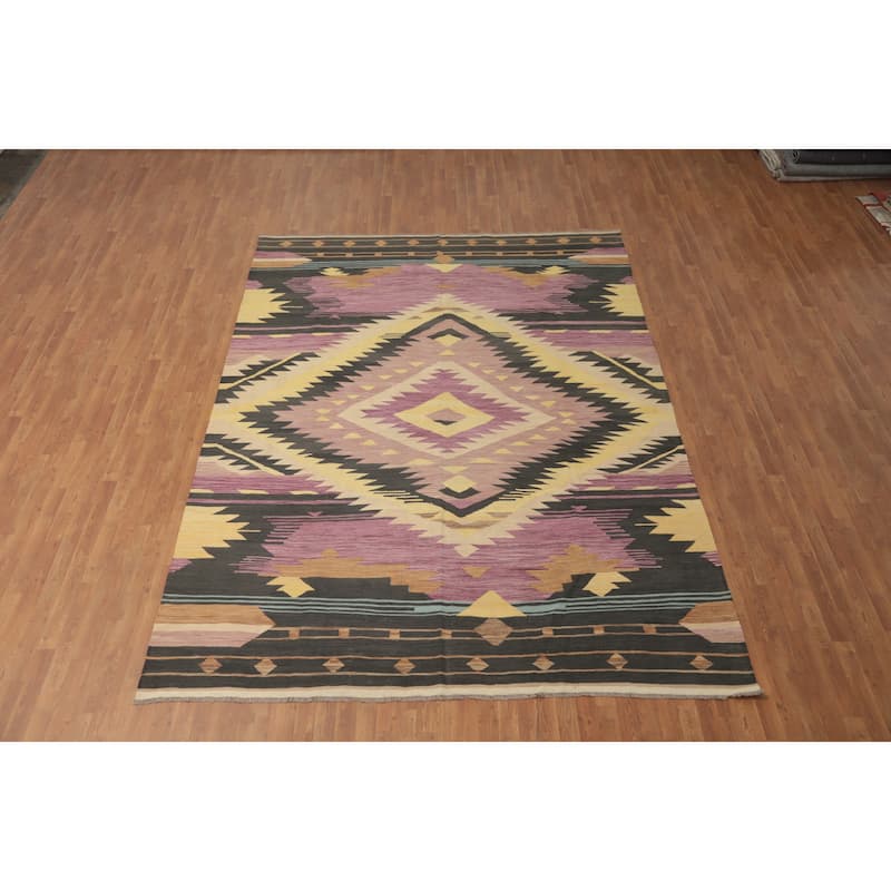Hand Woven Oriental 100% Wool Carpet Southwestern Tribal Purples Kilim Area Rug - 11' 11'' X 8' 7''