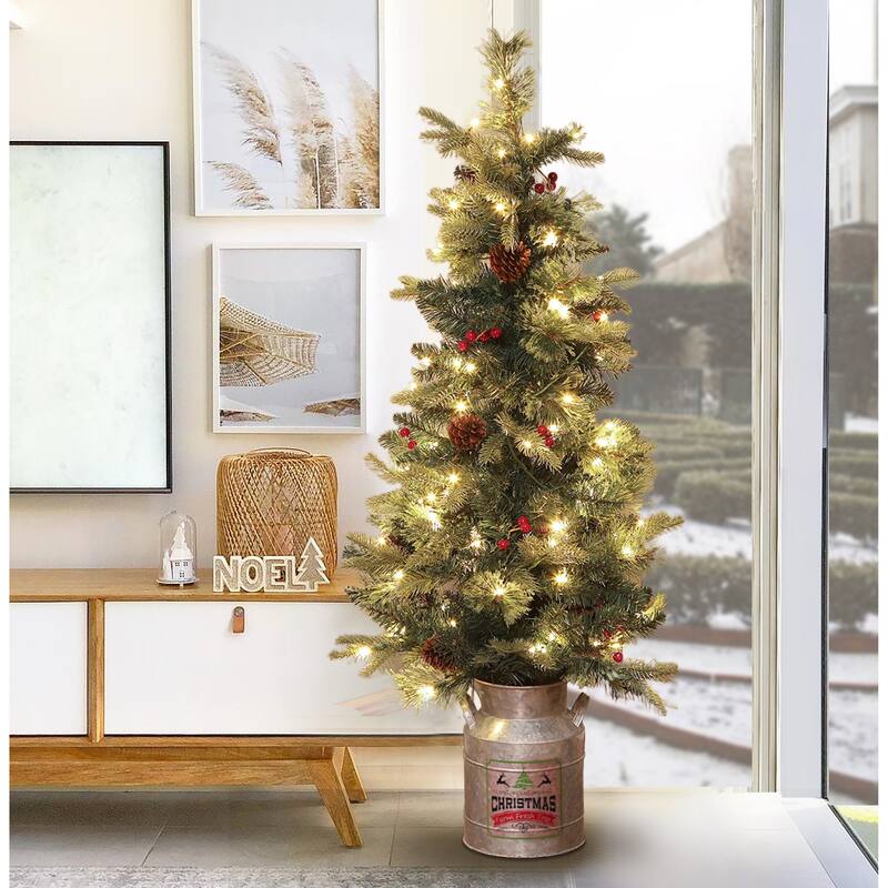 Artificial 4ft Christmas Tree with Metal Pot and Pre-lit LED Lights with Pine Cones and Berry Decorations - 48" H x 22" Diameter