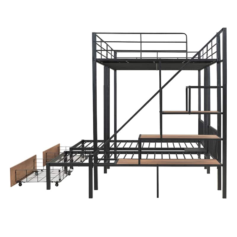 Full Over Twin-Twin Triple Bunk Bed with Drawers and Staircase, Black