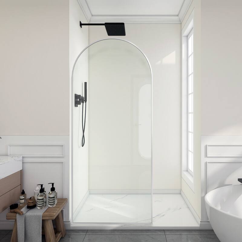 Ember Series 34 in. W x 78 in. H Fixed Framed Shower Door in Black, Gold or Nickel Finish with Clear or Fluted Glass