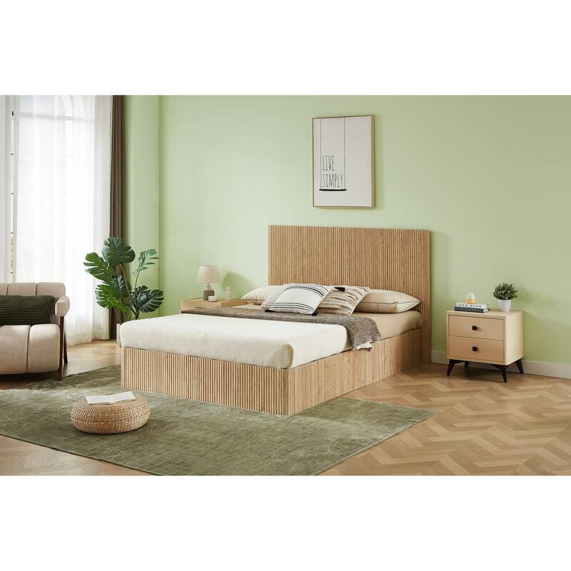 Queen-Sized Hydraulic Lift-Up Storage Bed Frame With Wooden Corrugated Curved Lines, No Box Spring Required‌