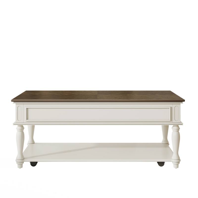 Coffee Table with One Drawer, Retro Movable Rectangular Cocktail Table with Lockable Wheels, Country Style Center Table