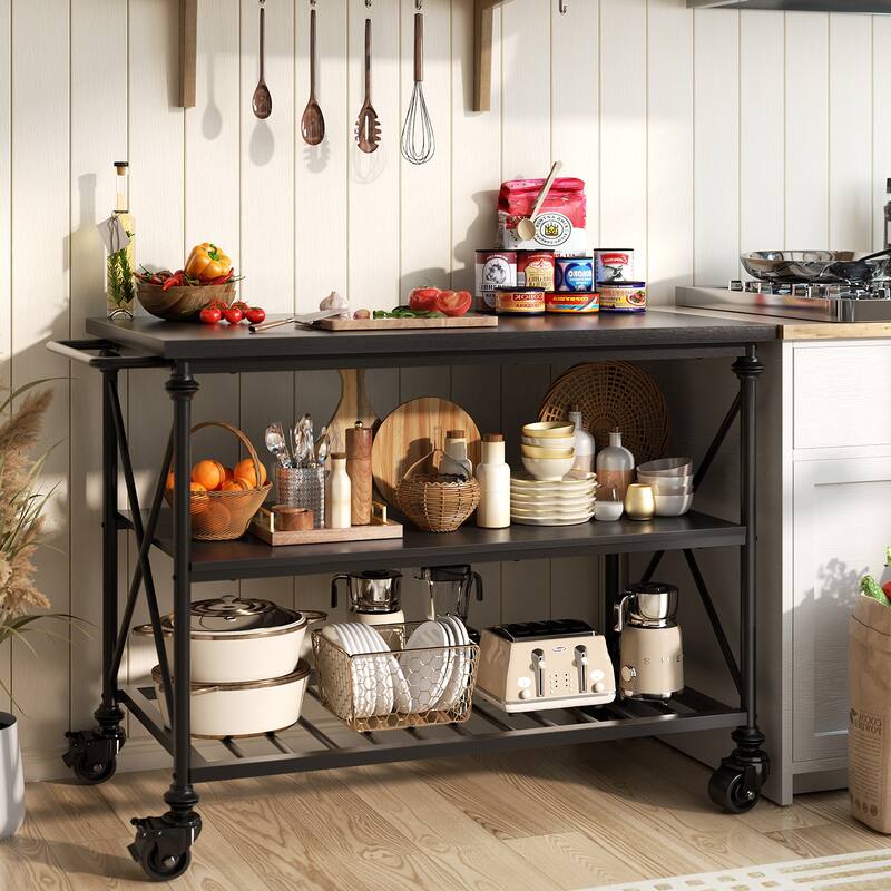 Rolling Kitchen Island Cart with Thick Wooden Top and Storage Shelves - N/A - Black