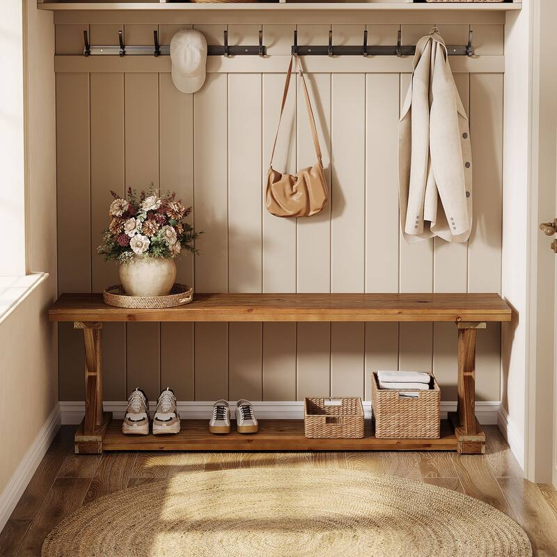 59 Inch Solid Wood Entryway Shoe Bench with Storage Shelves, Farmhouse Style - 59.06" W x 11.81" D x 17.72" H