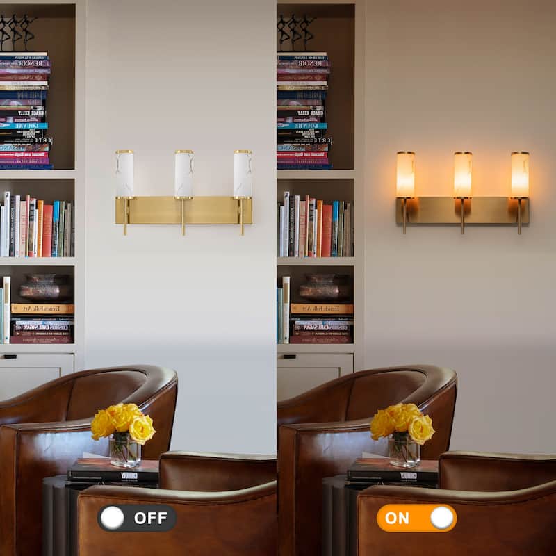 3-Light Gold Vanity Light Cylindrical Marble Crackle Glass Shades