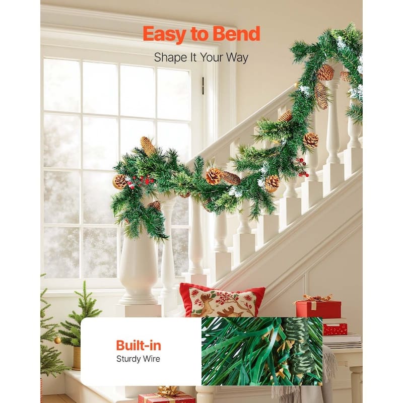 Holiday Greenery Garland 9ft Long with Warm White LED Lights and Lifelike Pinecones - 108.27” x 11.02” x 5.91”
