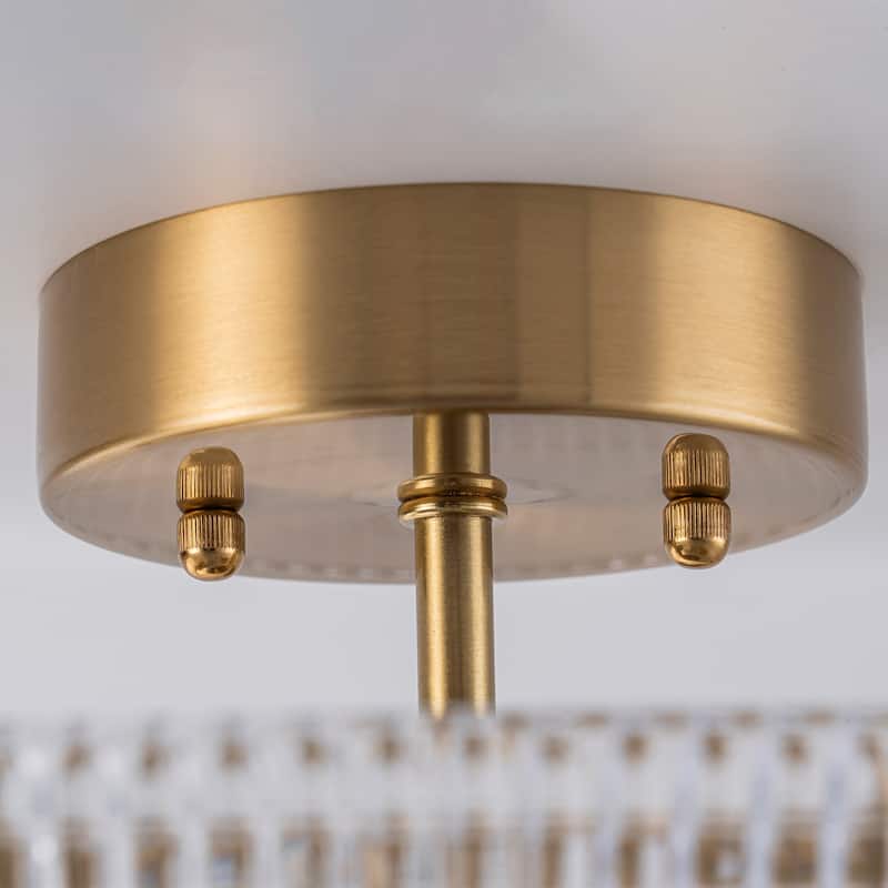 Industrial 3-Light Gold Semi Flush Mount Lights with Grid Textured Glass - Brass