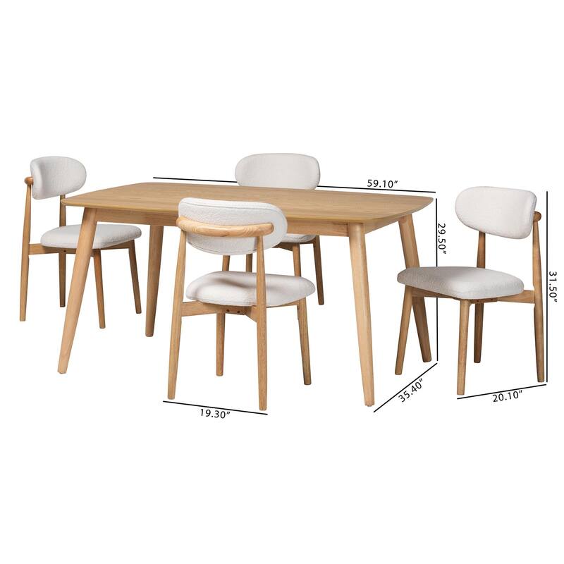 Emily 5-Piece Dining Set - Solid Wood Table with Boucle Upholstered Chairs, Mid-Century Modern Dining Furniture