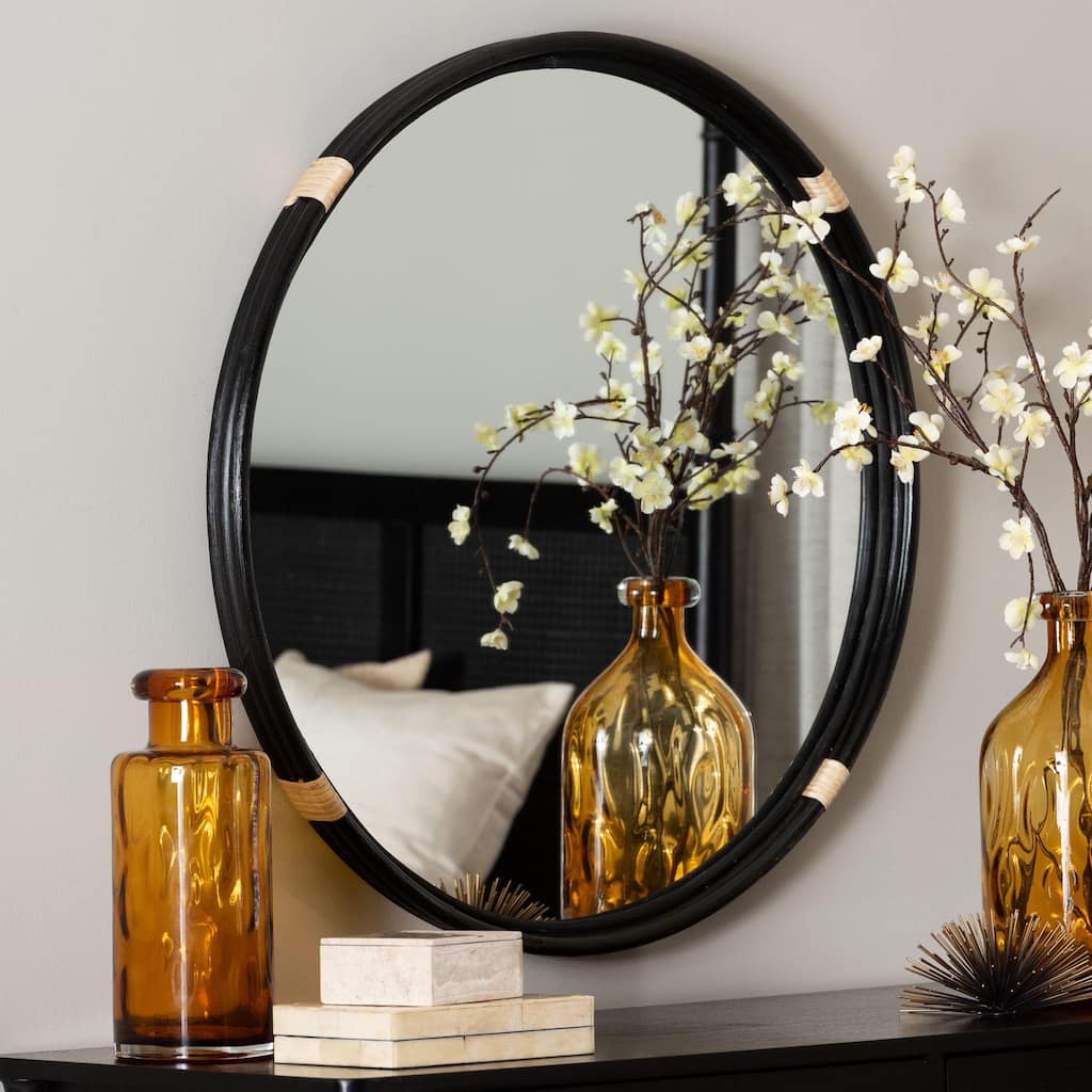 Fenicia Round Rattan Wall Mirror with Black Frame - Decorative Framed Mirror for Entryway, Living Room, or Bathroom